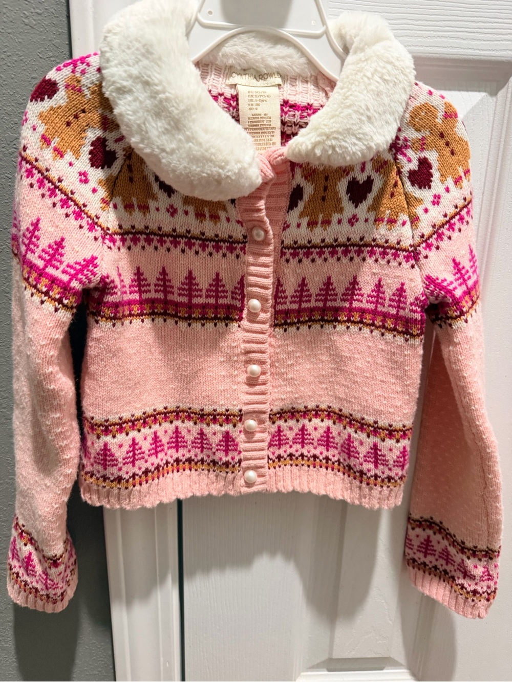Cynthia Rowley Pink Fair Isle Knit Cardigan with Faux-Fur Collar